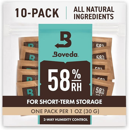 Boveda 58% Two-Way Humidity Control Packs For Storing 1 oz – Size 8 – 10 Pack – Moisture Absorbers for Small Storage Containers – Humidifier Packs – Hydration Packets in Resealable Bag