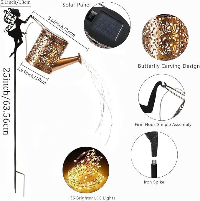 Fairy Garden Decor with Solar Watering Can, Solar Garden Lights Waterproof Hanging Lantern,LED Light String Retro Metal Water Pot Light, for Garden Patio Yard Pathway Lantern Plant Decoration