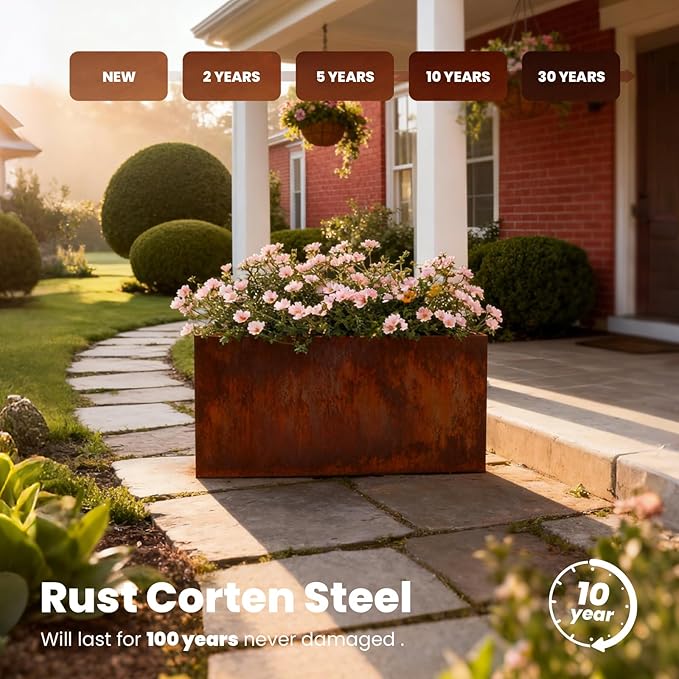 Corten Steel Planter Box Metal Outdoor Large Rectangular Rustic Durable Antique Detached for Commercial Residential Patio Deck and Backyard 24" x 12" x 12"