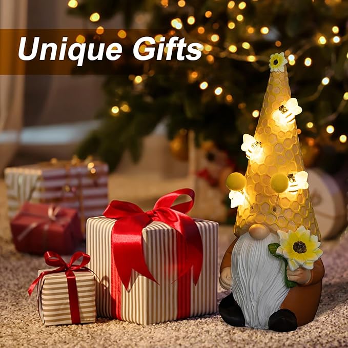 pearlstar Garden Gnome Statues Bee Solar Light 10.2" Tall Large Resin Figurine Outdoor Funny Home Yard Patio Decoration Fall Thanksgiving