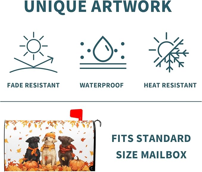 Fall Dog Mailbox Cover Magnetic Large Size Autumn Themed Pumpkins Maple Leaves Puppy Print Mailbox Wrap Letter Post Cover 25.5x21Inch for Garden Yard Outside Outdoor Seasonal Decor