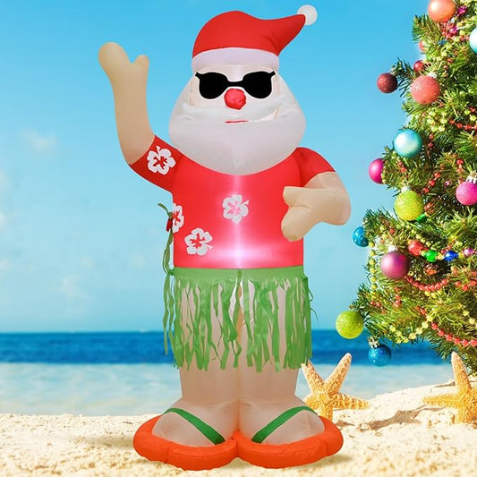 4FT Christmas Inflatable Santa Claus Holiday Decoration,Fun Xmas Santa Blow up Decor for Indoor Outdoor Yard Garden Lawn Party, Hawaii Theme Santa Wear Colorful Shirt Cool Sunglasses