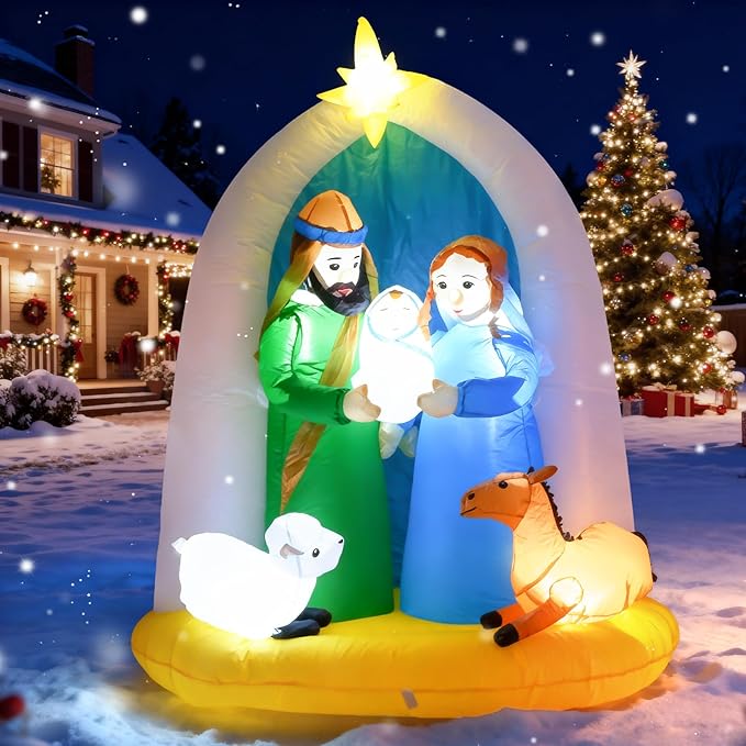 6 Feet Indoor Outdoor Nativity Scene Inflatable Christmas Decor , LED Lights Holiday Garden Yard Lawn Decoration, Xmas Blow up Decoration,Featuring Mary Joseph Baby Jesus with Cute Sheep and Deer