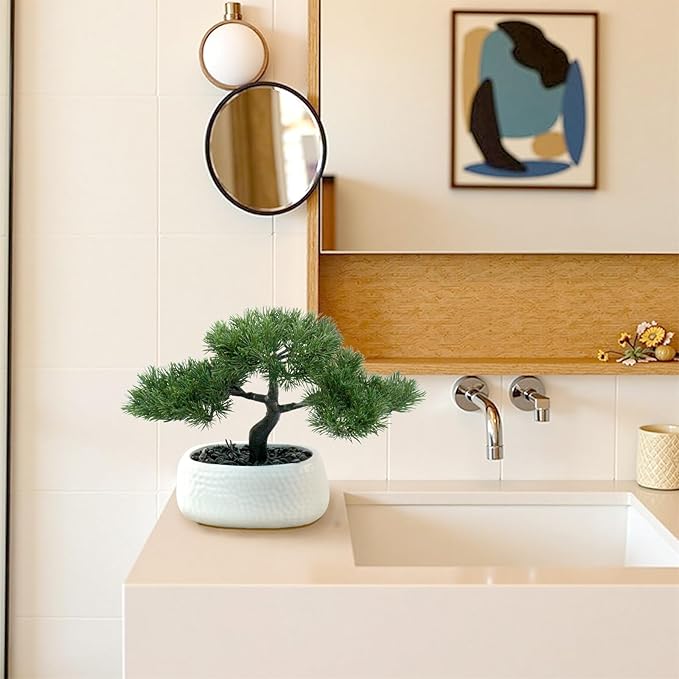 Artificial Bonsai Tree for Office, Faux Bonsai Juniper Small Artificial Plants for Home Entryway Decor Living Room Apartment Bookstore Cafe Desk, Fake Bonsai with Ceramic Pot (13.5 x9.5 in)