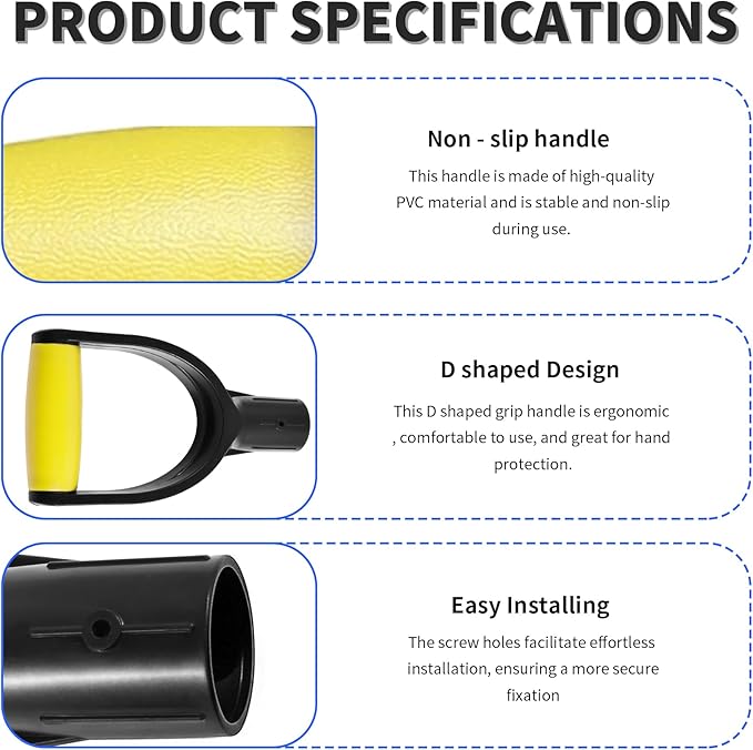 2 Pcs ID 1.26" Yellow & Black Shovel D-Shaped Grip Handle,PVC Shovel D Straight Grip Handle,Plastic Spade Replacement Snow Removal Garden Accessorie Backyard Digging,7.6×4.13-in(H*T)