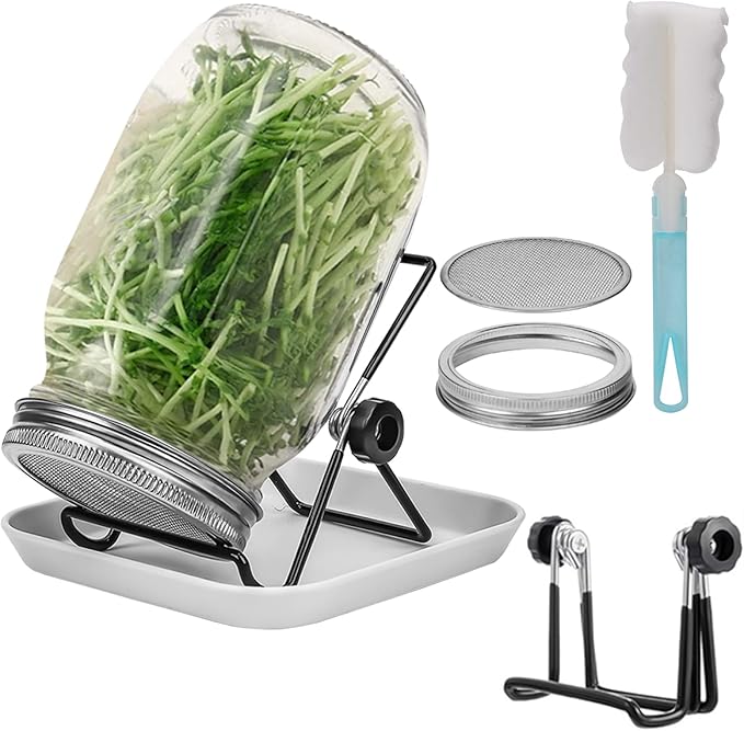 Lulonpon One Sprouting Jar Kit, Wide Mouth Quart Mason Jars with Stainless Steel Screen Sprout Lids, 86mm,1000ml,Stand,Tray and Canning Brush,Seed Sprouter Set for Growing Broccoli, Alfalfa, Mung Bean