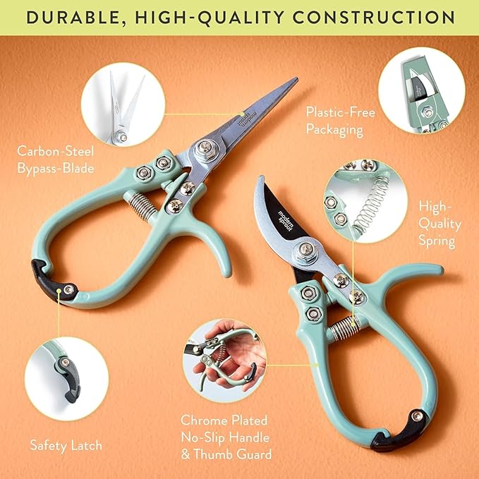 Modern Sprout Hand Pruners & Shears Set with Blister Pack - Lightweight Gardening Tools with Easy Lock - Sharp Carbon Steel Blades -Rust Resistant Scissors for Herbs, Flowers - Chartreuse