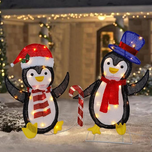 WATERGLIDE Set of 2 Lighted Christmas Tinsel Penguins, Pre-Lit 2D Stacked Penguin with Incandescent Lights, Light Up & Plug in for Indoor Outdoor Festive Xmas Holiday Garden Yard Lawn Decor