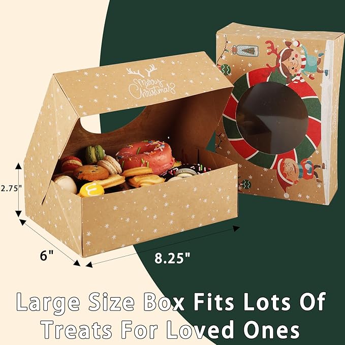 24pcs Christmas Cookie Boxes 8.25inx5.75inx2.75in-Christmas Kraft Paper-Bakery and Treat Boxes for Holiday Gift Giving and Christmas Party Supplies