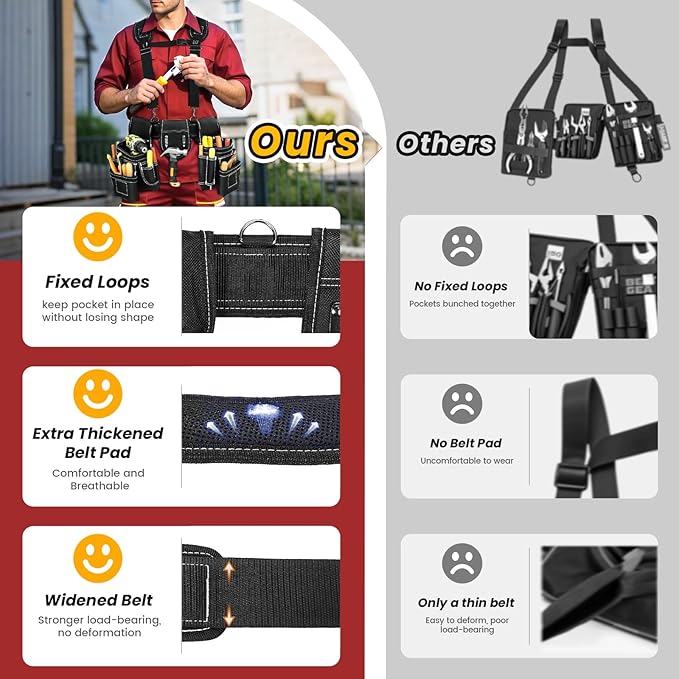Tool Belt, Professional Tool Belts for Men, Magnetic Tool Pouch With Suspenders, Heavy Duty Detachable Adjustable Utility Belt Work Bags for Electrician, Carpenter (Black, 32''-66'')