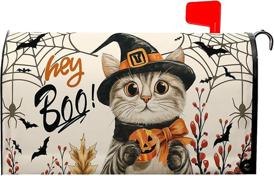 Hey Boo Cat Mail Box Covers Halloween Mailbox Cover Spider Web Pumpkin Mailbox Wraps Magnetic Standard Size 21x18 inch Decorative Mailboxes for Outside Farmhouse Garden Decor
