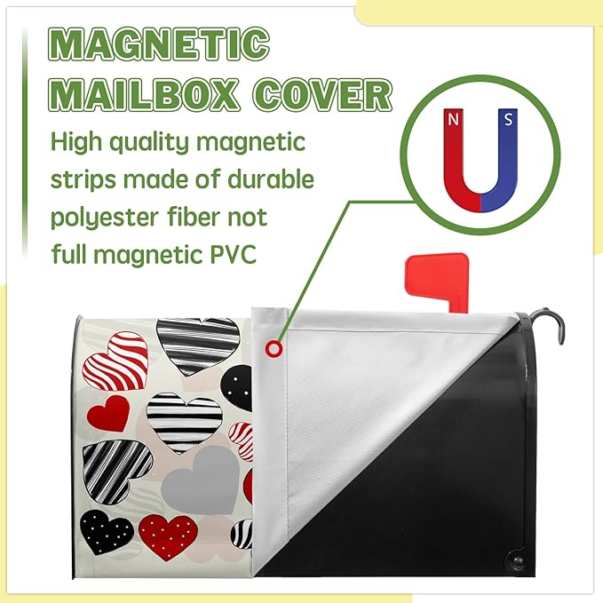 Valentines Day Magnetic Mailbox Covers Standard Size 18 X 21 Black Red Heart Mailbox Post Box Letter Box Cover for Welcome Outdoor Garden Yard Decoration