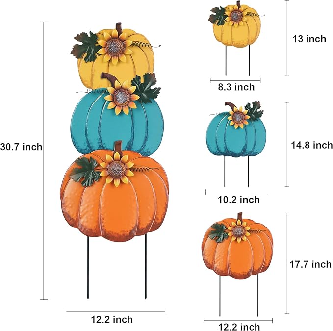 PHITRIC Fall Decorations for Home Outdoor, 3 Stacked Pumpkins Decorative Garden Stakes for Fall Decor, Metal Yard Signs for Outside Garden Yard Porch Lawn Thanksgiving Decorations
