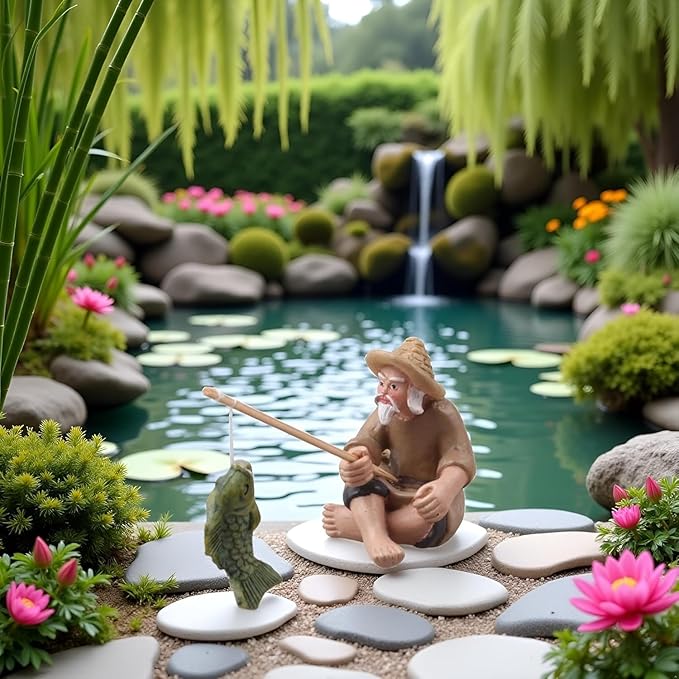 2Pcs Miniature Fisherman Figurine, Chinese Mudman Sitting Garden Statue, Outdoor Ornament Decor