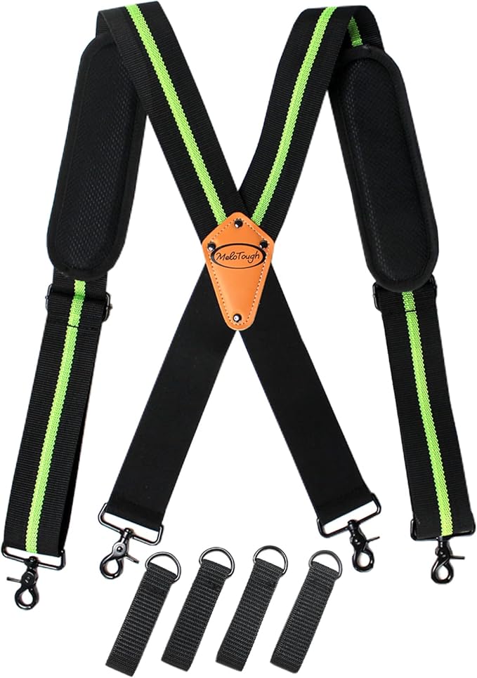 MELOTOUGH Tool Belt Suspenders Tool belt Harness for Heavy Duty Work belt with Movable shoulder Pads, Quick lobster clasp (Green Strip)