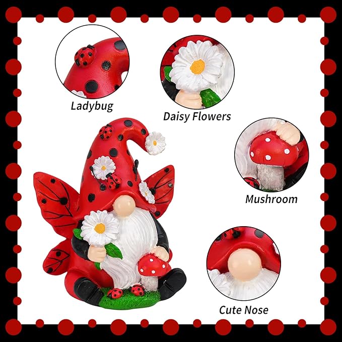 Ladybug Gnomes Decorations Resin Ladybug Figurines Decor Spring Kitchen Decor Gifts for Women Summer Garden Gnomes Decorations Ladybug Gnomes Garden Gnomes Decor Lawn Outdoor Decor