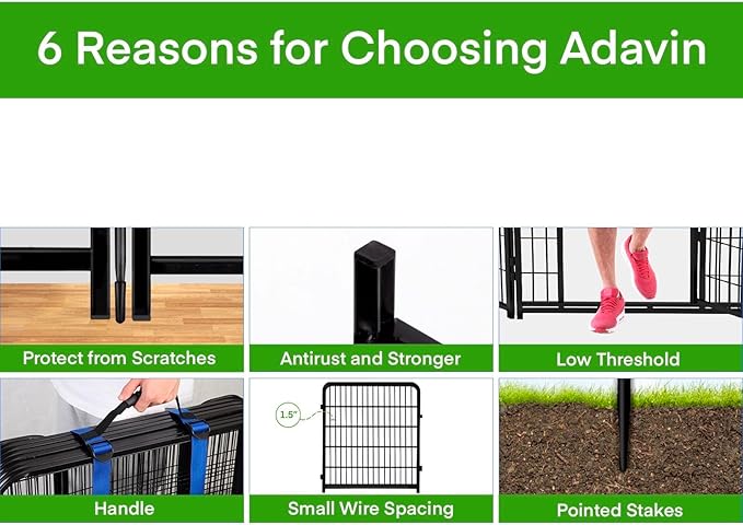 ADAVIN 40 in(H) Garden Fence with Low Threshold Door, Dog Fence Outdoor for Yard, 8 Panels Total 17.7 Ft(L) Dog Playpen，Black Metal Dog Play Pen Indoors, Pet Puppy Playpen for Camping, Dog Fencing