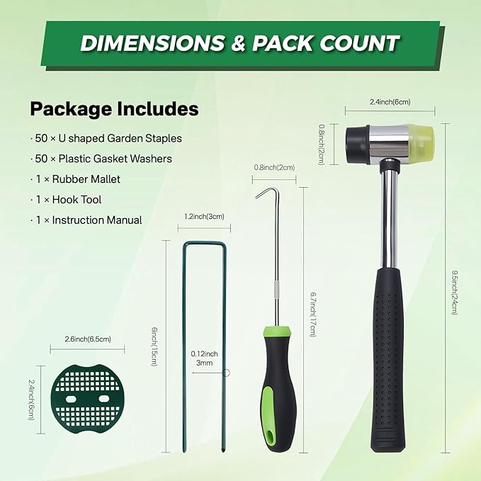 200pcs 6 Inch Green Artificial Turf Stakes Staples+200pcs Washer+Pick Hook+Rubber Mallet,11 Gauge Landscape Staples, Galvanized Lawn Spikes Yard Ground Pin for Artificial Grass Weed Barrier Sod Fabric