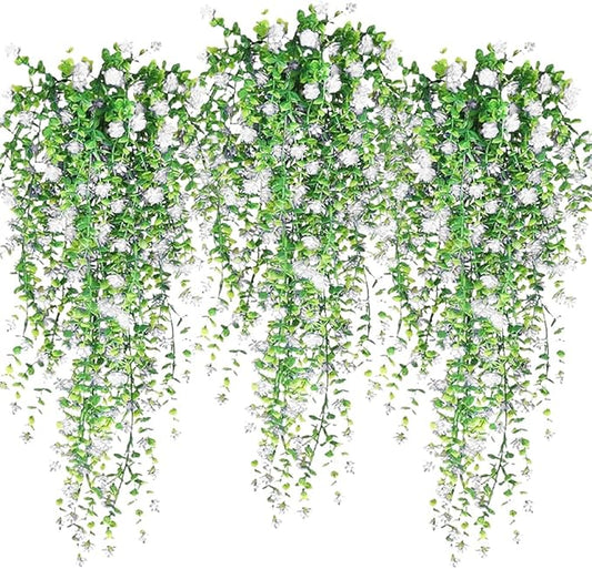 Artificial Hanging Flowers, 3 Pcs Fake Hanging Plants Decor, Artificial Vines for Outdoors, UV Resistant No Fade Artificial Fake Hanging for Indoor Decoration Outdoor Porch Courtyard (White)