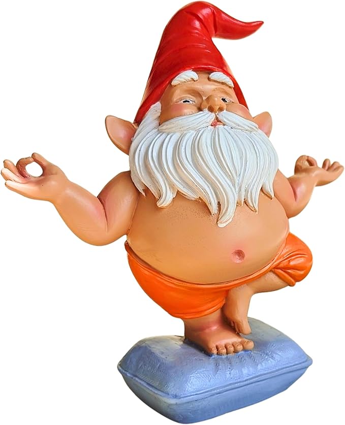 Zen Yoga Gnome Statue – Handcrafted Resin Meditation Gnome on Pillow, Tree Pose, Relaxed Expression – Weatherproof Indoor Outdoor Garden Decor, Unique Gift for Yoga & Meditation Lovers