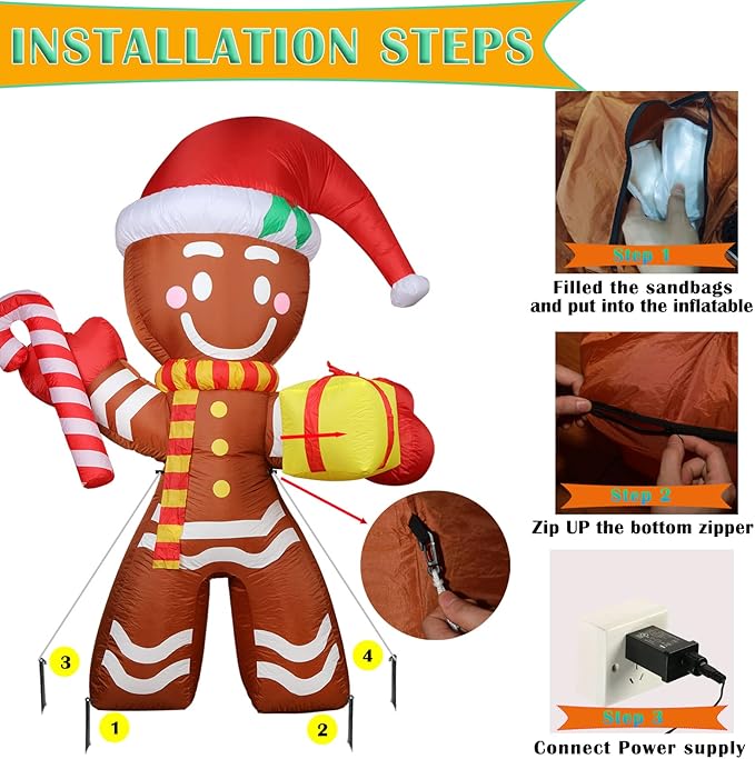 8FT Inflatable Gingerbread Man Outdoor Christmas Decoration,Built-in LED Lights Blow Up for Yard, Gardern, Lawn, Indoor Xmas Holiday