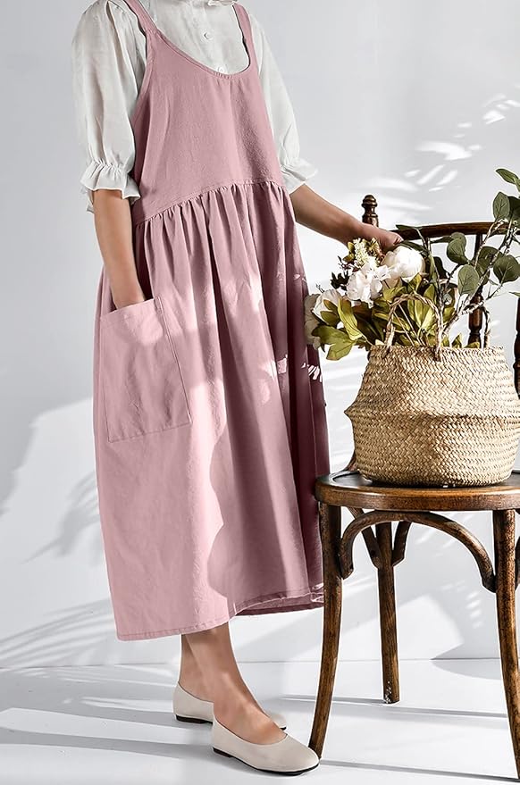NEWGEM Cotton Linen Cross Back Apron for Women with Pockets Cute Japanese Korean Style Pinafore Dress Pink