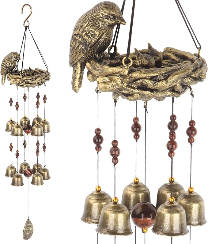 Bird Nest Wind Chime, Bird Bells Chimes with 12 Wind Bells for Glory Mother’s Love Gift, Garden Backyard Church Hanging Decor, Bronze