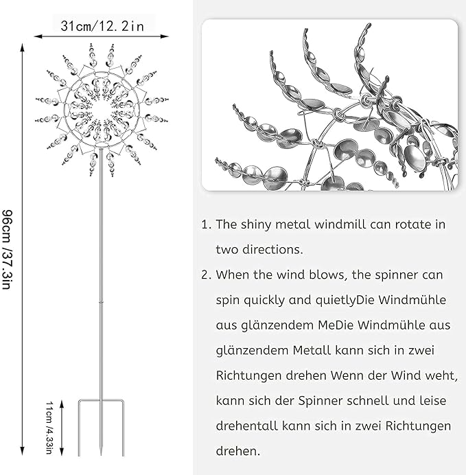 Magical Metal Windmill, Stainless Steel Windmill,Kinetic Metal Wind Spinners Garden Stake, 3D Wind Sculptures Move with The Wind Lawn Solar Wind Catcher Outdoor Patio Garden Decoration (SILVER-2PCS)