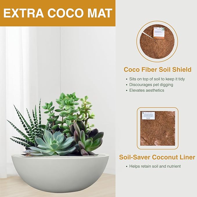 6.9"H x 19.7"D Round Bowl Fiberstone Planter for Succulent and Lotus - Christmas Tree Planter, Weather Resistant for Indoor & Outdoor Use, 2 Extra Coco Mats (Light Gray, 17.9" Pot Opening)