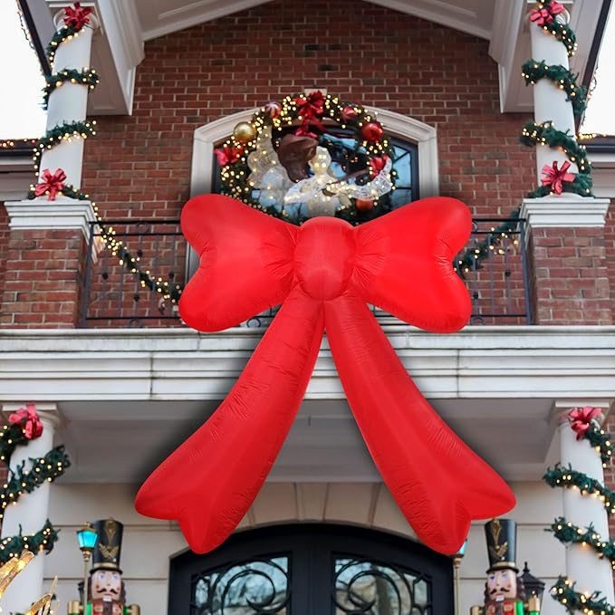 Christmas Inflatables Giant Red Bow Lighted Balcony Terrace Porch Yard Lawn Inflatable Decoration with Built-in Fan and Ropes Holiday Party Decor, Christmas Decor (7FT-Red Bow)