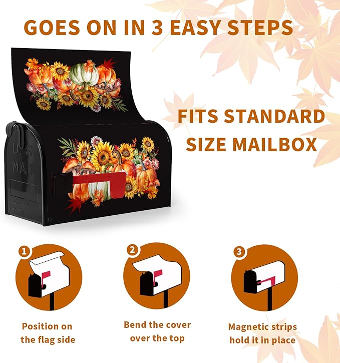 Fall Magnetic Large Size Thanksgiving Pumpkin Mailbox Cover With Maple Leaves - Waterproof Decor Flower Wraps for Garden Oversize 25.5 x 21 Inch