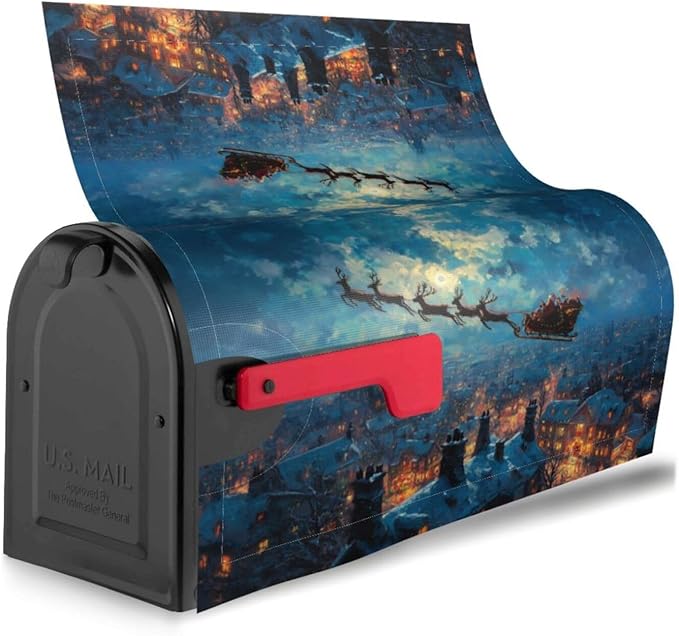 Winter Christmas Santa Sleigh Mailbox Covers Magnetic Letterbox Covers 21x18 Inch for Garden Outdoor Decoration