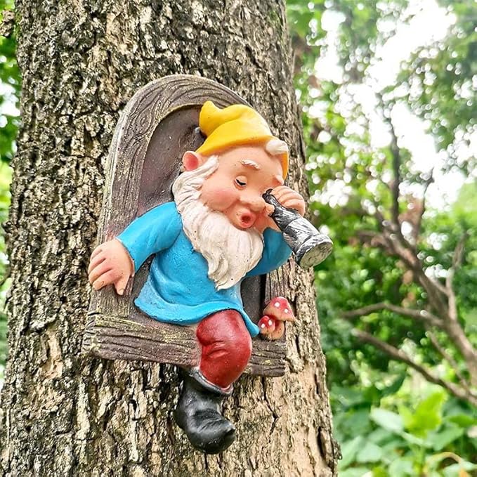 Garden Gnome Open The Door Garden Decor Resin Tree Faces Decor Outdoor Fairy Garden Patio Lawn Porch (Blue Telescope)