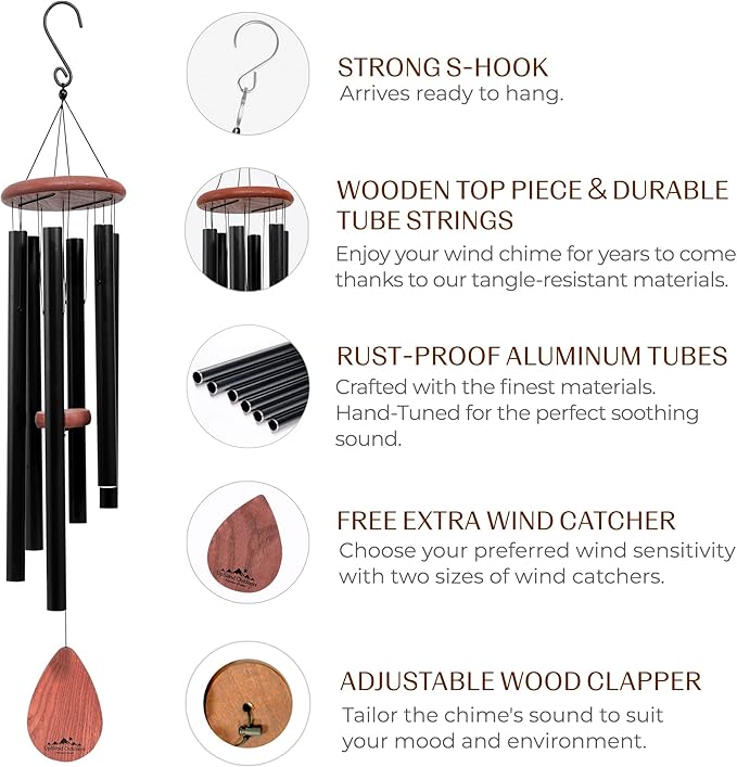 UpBlend XL Wind Chimes for Outside Gift – Deep Tone Wind Chime with Decorative Stone – Porch & Patio Decor, Elegant Outdoor Ornament, Garden Gifts. 38” Black.