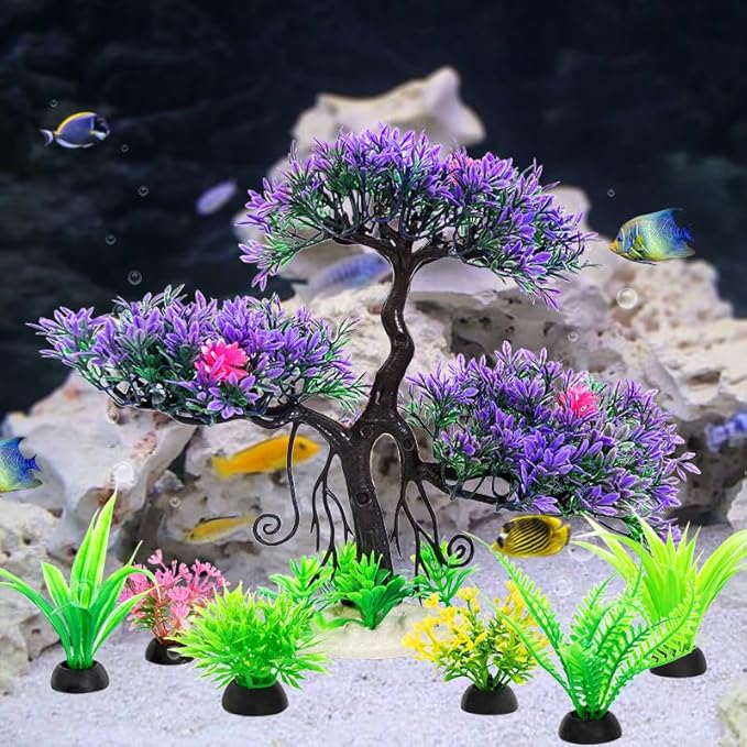 Fish Tank Aquarium Decorations Artificial Plastic Plants Bonsai Tree with Small Aquarium Decorations Kit (Purple 2)
