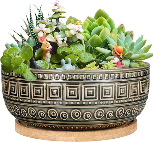 G EPGardening 8 Inch Ceramic Succulent Planter Pots Round Shallow Bonsai Planter Pot for Indoor Plants with Drainage and Bamboo Saucer Gray