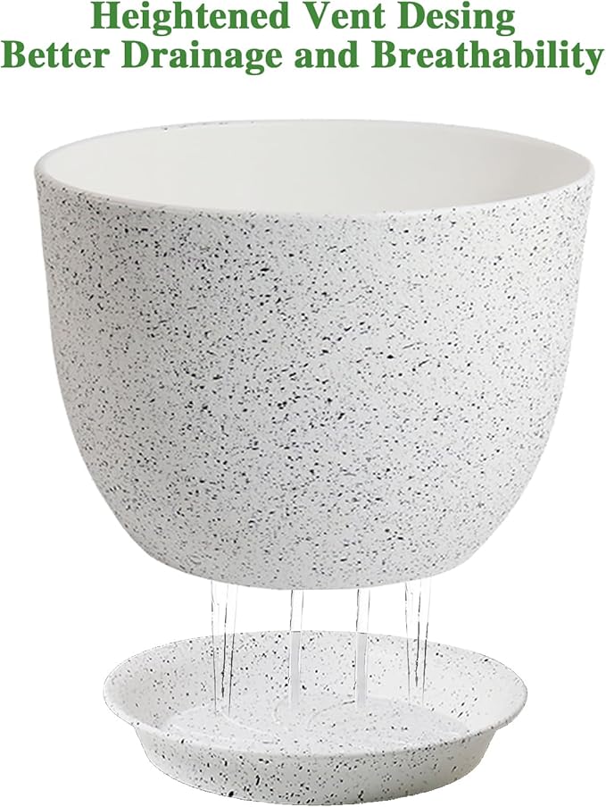 12/10/9 Large Modern Plant Pots, Plastic Planters with Drainage Holes and Saucers for Indoor Outdoor Plants Flowers, White Speckles