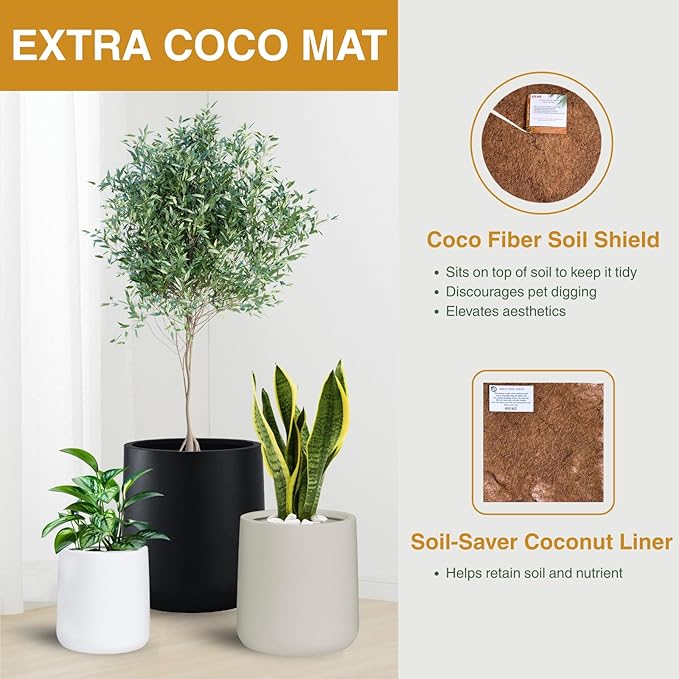 15.3"H x 15"D Conico Fiberstone Round Planter - Christmas Tree Planter, Smooth Finishes, Weather Resistant for Indoor and Outdoor Use, Included 2 Extra Coco Mats (Black, 11.7" Pot Opening)