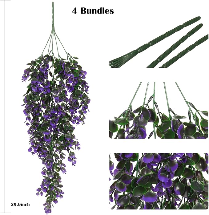 RECUTMS Artificial Plants Indoor Eucalyptus Hanging Outdoors Greenery Stems Outdoor Faux,4 Bundles for Home Kitchen Decor (Violet)