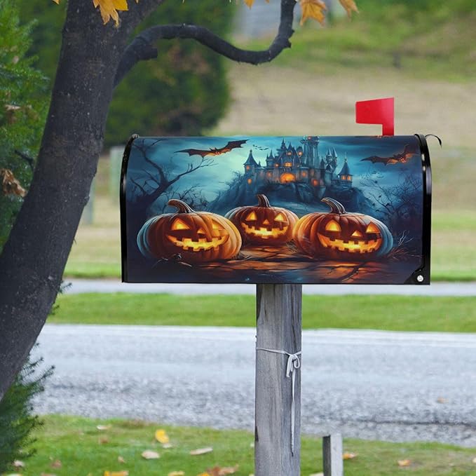 ALAZA Halloween Pumpkins Castle Flying Bat Magnetic Mailbox Cover MailWraps Garden Yard Home Decor for Outside Oversized-25.5" x20.8"