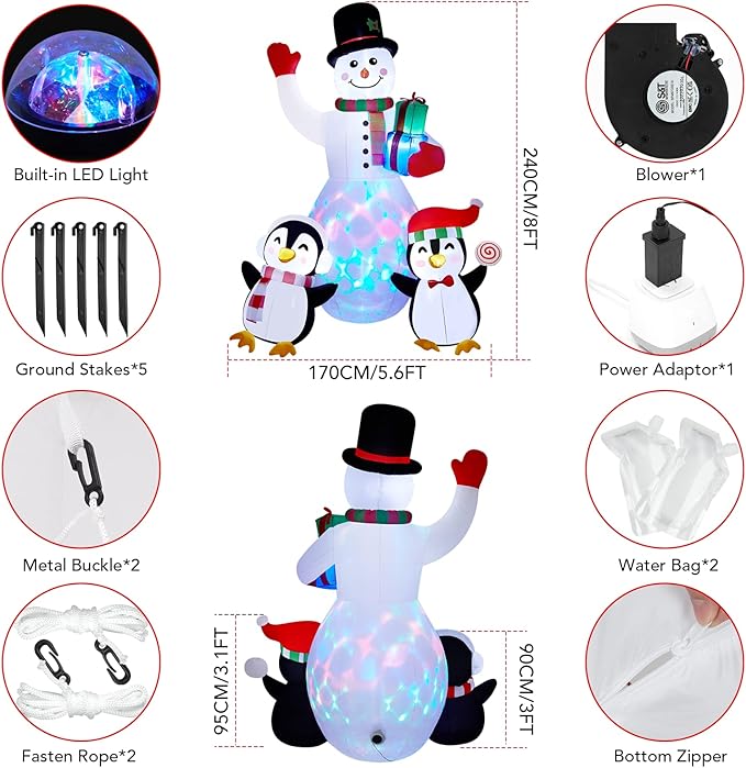 8ft Christmas Inflatables Outdoor Christmas Decorations, Inflatable Snowman Penguin Blow Up Yard Decorations with Rotating LED Lights for Yard Garden Lawn Xmas Holiday Decor