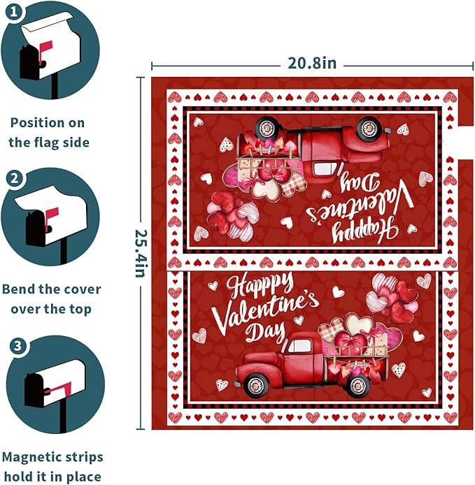Valentine's Day Magnetic Mailbox Cover Red Heart Mailbox Cover Magnetic Standard Size 21 X 25.5 Inch Red Truck Mailbox Post Cover Mailbox Wraps Mailbox Decor for Home Garden Outdoor Yard