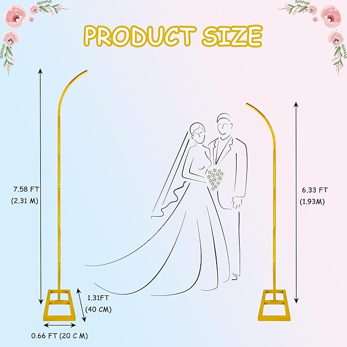 Wedding Arch Stand Flower 7.58FT Half Arch Stand with Base for Flowers, Portable Gold Metal Balloons Ceremony Decor - Reusable Wedding Arches for Decorations