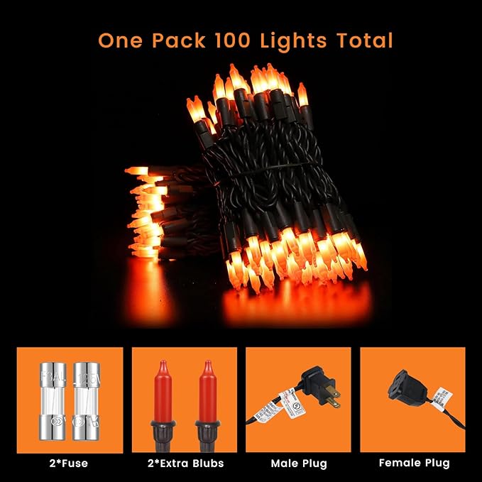 Thanksgiving Decorations Mini Orange Christmas Lights – 100 Count Mini Incandescent, 26.5ft Black Wire, UL Listed Connectable Pumpkin Lights for Porch, Patio, Fall Decor