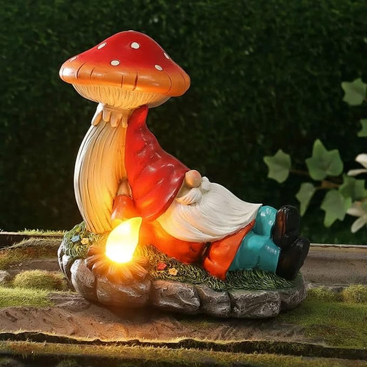 Christmas Garden Gnomes Statues with Solar LED Light, Solar Powered Gnome Sculptures for Patio Yard Lawn Balcony Decor Mother's Day Birthday Gifts for Women Mom 8.5 Inch