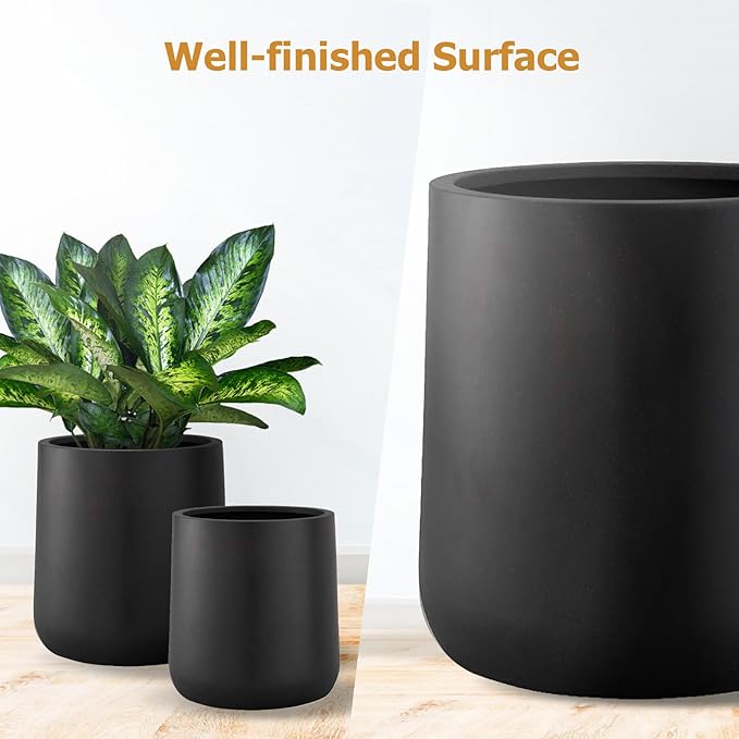 13" H x 12.6" D Conico Fiberstone Round Planter - Christmas Tree Planter, Smooth Finishes, Weather Resistant for Indoor and Outdoor Use, Included 2 Extra Coco Mats (Black, 10" Pot Opening)
