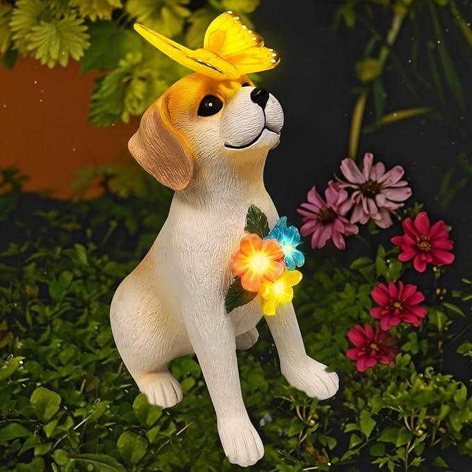 Solar Dog Garden Statues Decor, Outdoor Fairy Dogs Figurines Accessories Decorations with LED Lights Home Patio Balcony Yard Lawn Ornaments, Unique Thanksgiving for Women Dad Friends