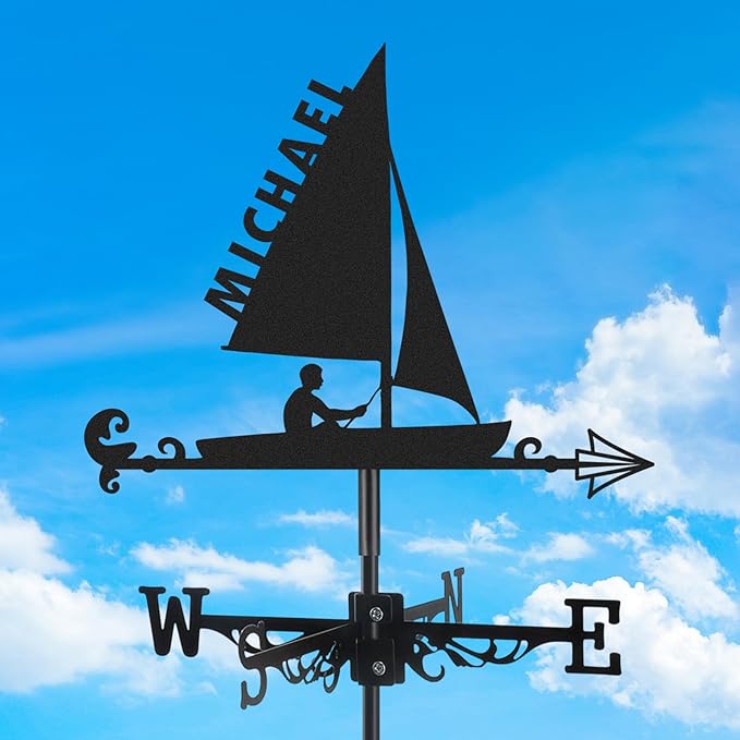 Personalized Sailboat Metal Weather Vane, Custom Name Weathervane, Wind Direction Indicator, Weather Vanes Roof Mount, Wind Vane Outdoor Decor for Shed Garden Yard Patio, Housewarming Gifts