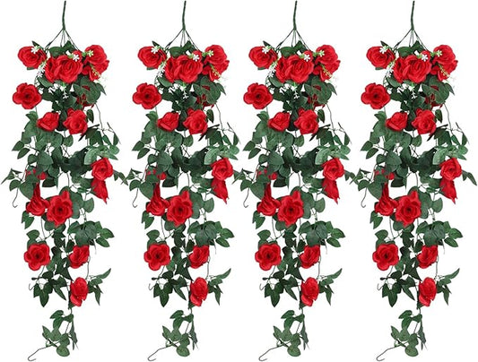 RECUTMS Hanging Rose Flowers Artificial Vine PlantsFlower Garland for Home Room Garden Wedding Indoor Outdoor Decoration (Red)