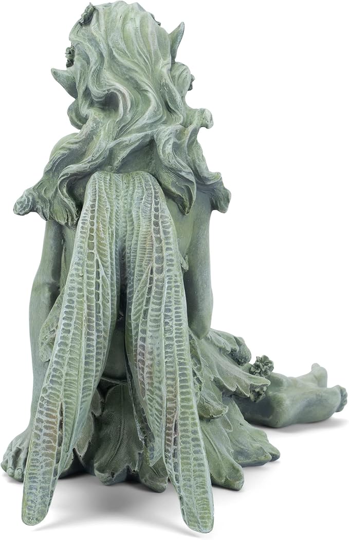 Napco Reclining Fairy with Bird 12 x 18.5 Inch Green Resin Cast Garden Statue